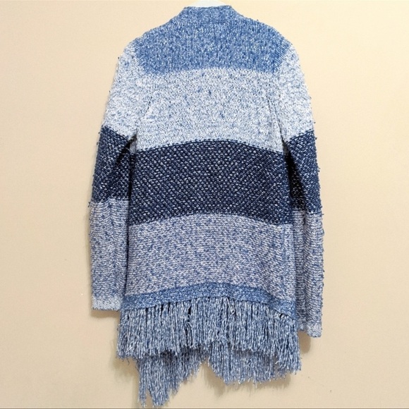 LUCKY BRAND Blue White Color Block Fringe Open Cardigan, Size XS - Picture 3 of 7